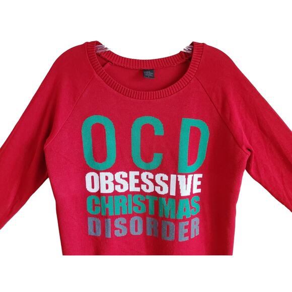 LOL VINTAGE Women L Sweater OCD Obsessive Christmas Disorder Red Green Bust 38" - Picture 2 of 6